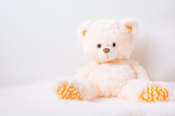 Fluffy white bear on white background. Toy bear sits on white wall.