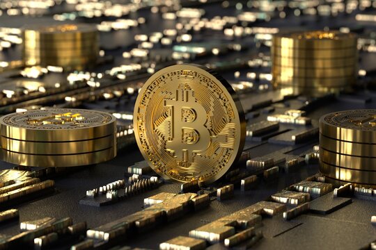 Moneda bitcoin en entorno tecnológico. El mundo de las criptomonedas. Invertir en criptomonedas.