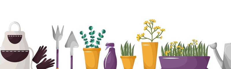 Beautiful vector banner gardening and gardening, hobby with tool, plant, seedlings, herbs, apron, gloves, watering, sprayer, shovel and rake. For the use of advertising, poster, background, stickers.