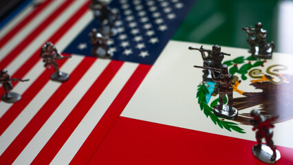 The concept of the economic and political crisis between the United States and Mexico, toy soldiers...