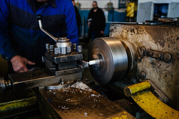 Working lathe in the workshop, close up