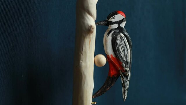 great red-headed woodpecker hammering, wooden toy, close-up, stop motion