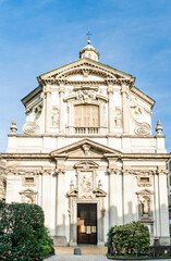 Façade of the church of San Giuseppe, Baroque-style Roman Catholic church built in 17th century near La Scala Theater, Milan city center, region of Lombardy, Italy.