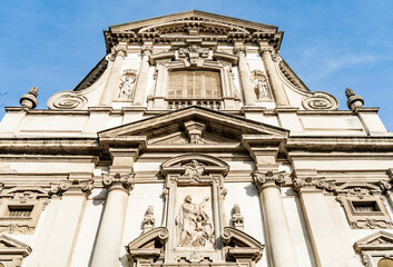 Façade of the church of San Giuseppe, Baroque-style Roman Catholic church built in 17th century near La Scala Theater, Milan city center, region of Lombardy, Italy.