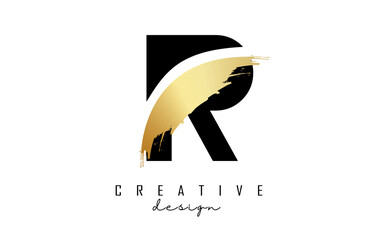 Letter R logo with golden brush stroke and creative cut.