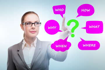 Concept of many different questions asked with businesswoman