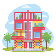 Urban or suburban two storey duplex house with balconies and roof deck. Modern double appartment residence. Summer beach house. Vector illustrartion, icon, simbol, object, background