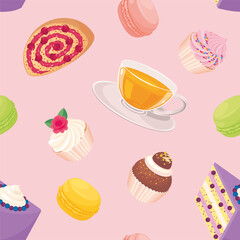 Tea sweets background with teacup, cake, cupcakes, macaroons, bisquit rool. Teatime bakery seamless pattern. Wallpaper, texture for textile, fabric, packaging, scrapbook