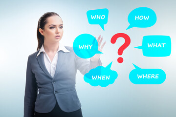 Concept of many different questions asked with businesswoman