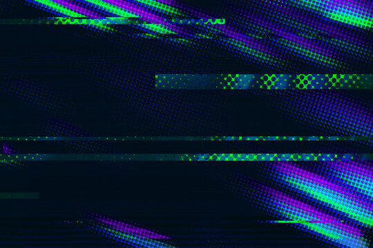Abstract blue, green, purple background with interlaced digital glitch and distortion effect. Futuristic cyberpunk design. Retro cyber aesthetic, webpunk, rave 80s 90s cyberpunk techno neon halftone