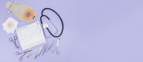 Surgeon's set: from a colostomy bag, surgical instruments, a stethoscope, bandages and calendar...