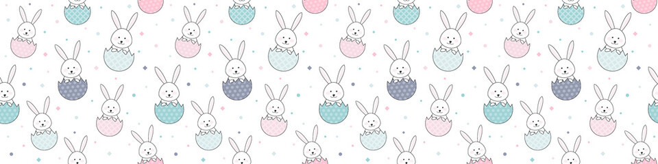 Colourful Easter banner with cute bunnies and eggs. Seamless pattern. Vector