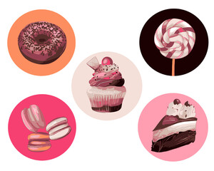 Set of sweets in pink , beige and brown colors, donut, lollipop, cake, cupcake and macarons