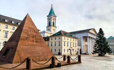 The Pyramid and the Evangelist Church on the Market square of Karlsruhe - Baden-Wurttemberg, Germany - obrazy, fototapety, plakaty
