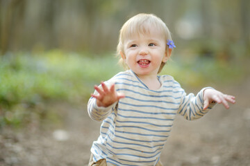 Adorable toddler boy having fun during a hike in the woods on beautiful sunny spring day. Active family leisure with kids.