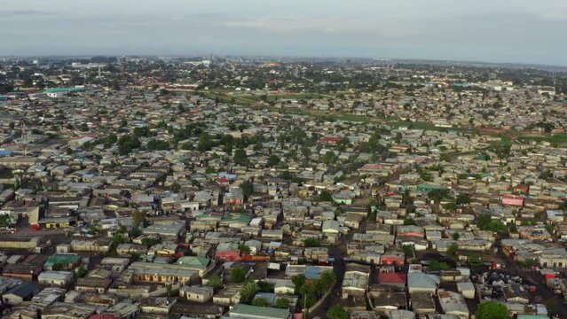 Aerial view Lusaka Zambia. Cityscape with slums in Africa. Small houses in poor neighborhoods.