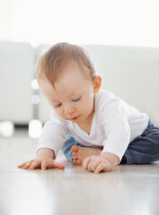Naklejka premium What is this. shot of a cute baby playing while sitting on the floor.