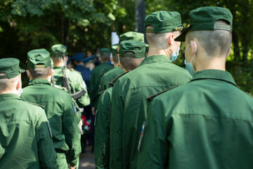 Soldiers in Russia. Military stands in row. Conscript soldiers in service. Military uniform.