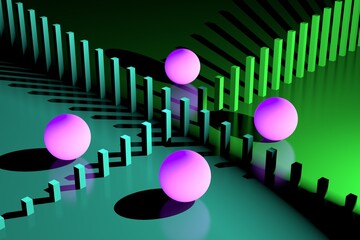 Glowing purple balls and green pillars. Design abstraction minimalism. Neon design minimalism. Design abstraction glowing neon balls. 3D illustration.