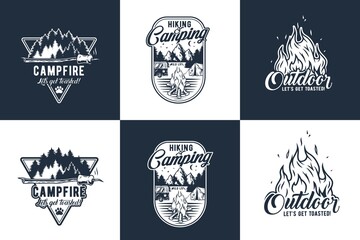 Camping outdoor adventure emblems set, summer forest camp fire, wild life explore