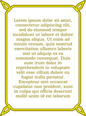 Vector border frame. Golden yellow background or book page. Simple rectangular billboard, poster, card, plaque, signboard, sticker, or label 