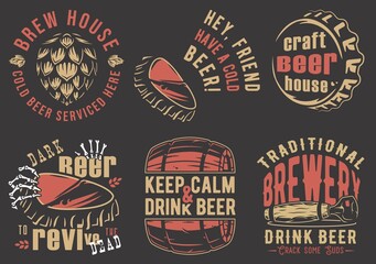 Craft beer brewery, hop seed, brewing bottle corks for beer emblems set