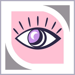 Pink icon, badge, label, picture. Eye, organ of vision, optics.