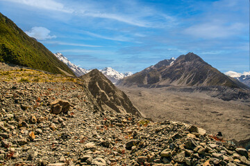 I am on the lateral moraine of the Tasman Glacier. The valley between the mountains is the main...