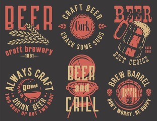 Beer bottle corks, barley and mug of craft beer, grill emblems set