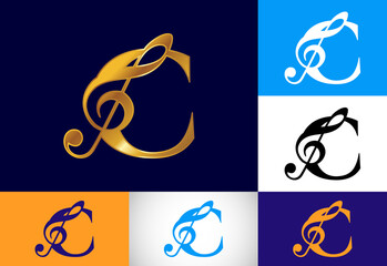 Initial C monogram alphabet with a musical note. Symphony or melody signs. Musical sign symbol.