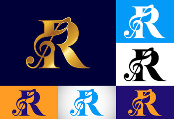 Initial R monogram alphabet with a musical note. Symphony or melody signs. Musical sign symbol.