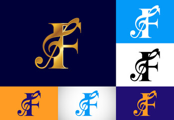 Initial F monogram alphabet with a musical note. Symphony or melody signs. Musical sign symbol.