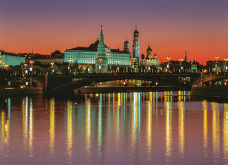 Russia, Moscow, night view of the Kremlin and the Moskva River.