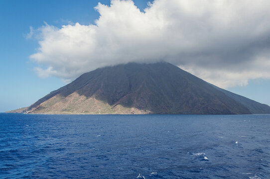 Stromboli island with cloud on the top.