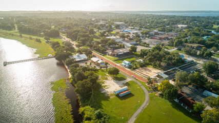 Aerial drone shot just after sunrise in historic downtown Clermont, FL.