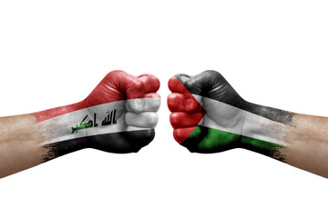 Two hands punch to each others on white background. Country flags painted fists, conflict crisis concept between iran and palestine