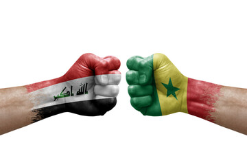 Two hands punch to each others on white background. Country flags painted fists, conflict crisis concept between iran and senegal