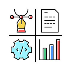 design, programming, content manager and analytics job color icon vector illustration