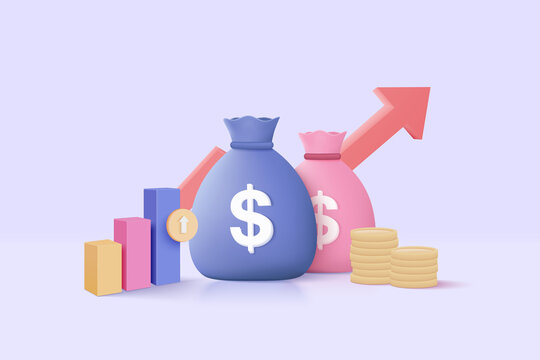 3D money bags and coin stack saving in background. Money bags growing business concept for finance, investment, online payment and payment. 3d money earning vector render isolated on pastel background