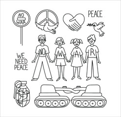 There is no war. A set of drawings in doodle style. Contour anti-war linear illustration of protesting people, broken tanks, peace symbol, dove, reconciliation, handshake. Hand drawn creative art