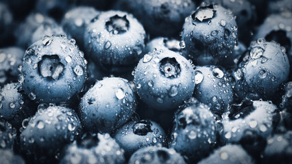 Blueberry macro texture, blueberries wet with water drops closeup