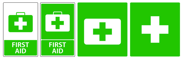First aid sign. Green square and white cross symbol with FIRST AID text. OSHA and ANSI standard sign. eps10