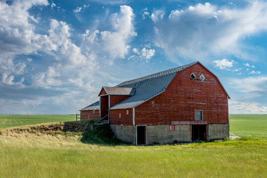 An abandoned red basement or bank barn on the prairies in Saskatchewan 