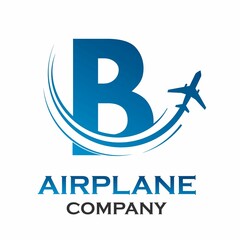 Letter b with airplane logo template illustration. suitable for transportation, brand, travel, agency, web, label, network, marketing etc