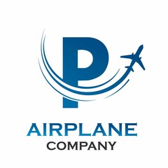 Letter p with airplane logo template illustration. suitable for transportation, brand, travel, agency, web, label, network, marketing etc