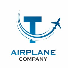 Letter t with airplane logo template illustration. suitable for transportation, brand, travel, agency, web, label, network, marketing etc