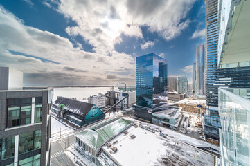 Lower Jarvis  downtown Toronto aerial views ok condos business and lake shore in the winter time right after snow storm in  February 