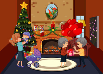 Obraz na płótnie Canvas Living room decorated for christmas with family members