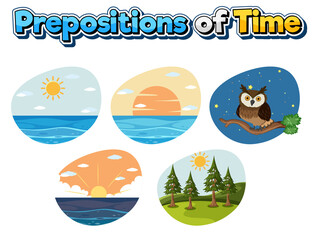 Prepostion wordcard design with different time of day