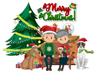 Merry Christmas logo with elderly couple sitting on a bench